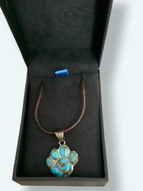 Turquoise & 925 Sterling Silver Paw Necklace - 2 Diff. length Leather Strand